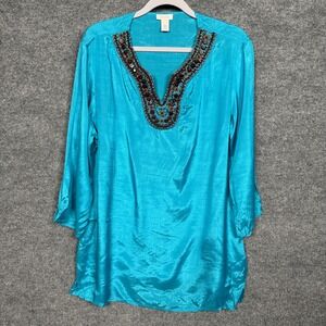 Vtg Chico's Size 2 US L/12 Satin Tunic Blouse Blue‎ Turquoise Beaded Split Neck